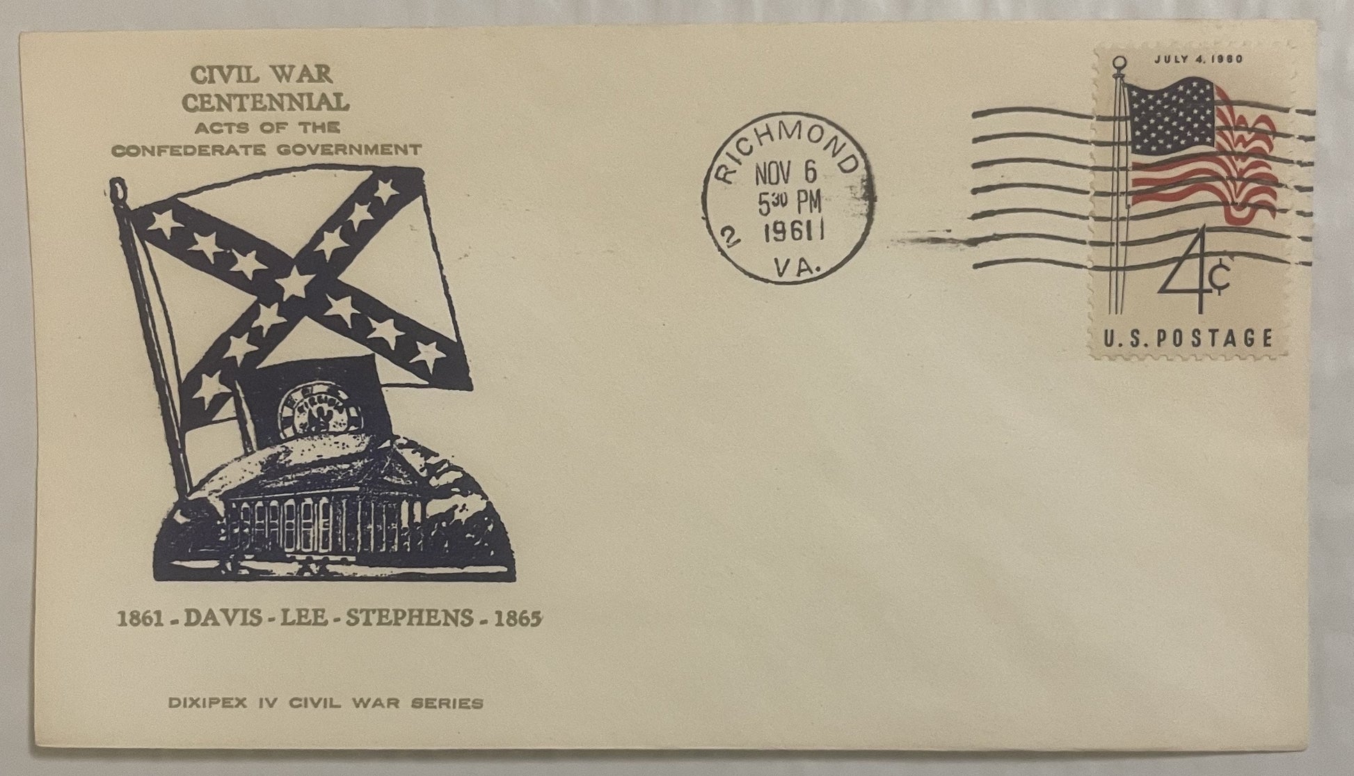 Cream-colored 1961 Civil War Centennial envelope with Confederate flag and Capitol building design, Richmond VA postmark, 4-c