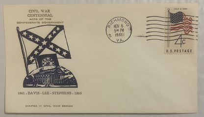 Cream-colored 1961 Civil War Centennial envelope with Confederate flag and Capitol building design, Richmond VA postmark, 4-c