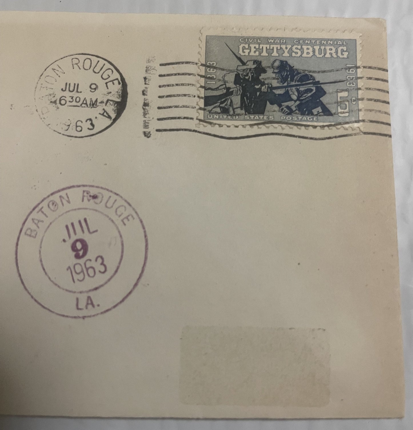 Cream envelope with Civil War Centennial Gettysburg 5-cent stamp, postmarked Baton Rouge, LA and Saton Rouge, LA both July 9,