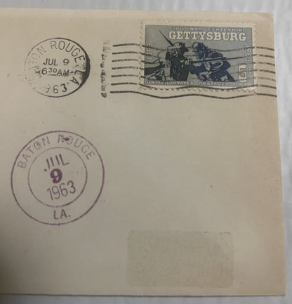 Cream envelope with Civil War Centennial Gettysburg 5-cent stamp, postmarked Baton Rouge, LA and Saton Rouge, LA both July 9,