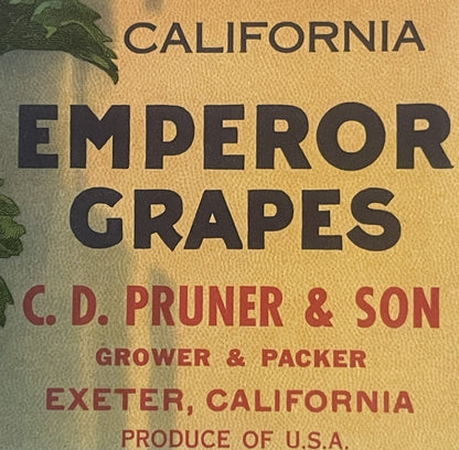 Vintage California Emperor Grapes crate label with black and tan text, grape leaf illustration, C.D. Pruner & Son grower deta