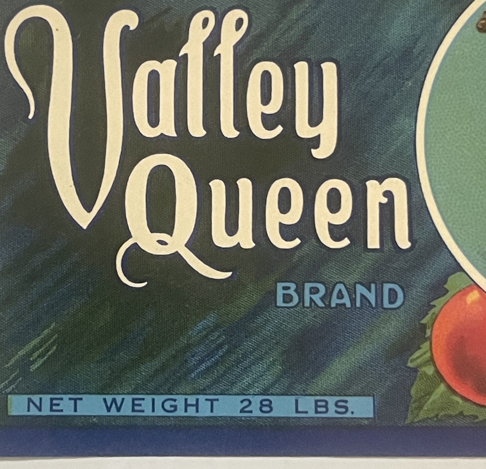 Vintage Valley Queen Brand fruit crate label with cream text on dark teal background, showing red grapes and green leaves, ma