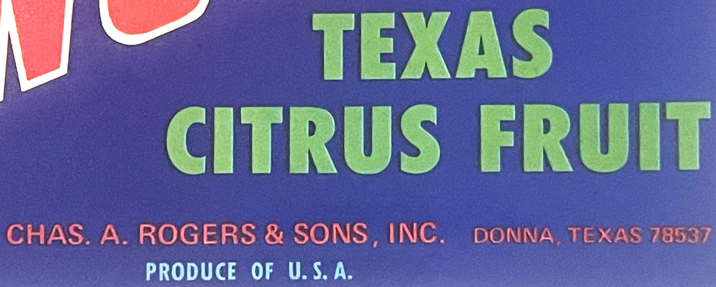 Vintage crate label with green "TEXAS CITRUS FRUIT" text on blue background, printed by Chas. A. Rogers & Sons, Inc., Donna T