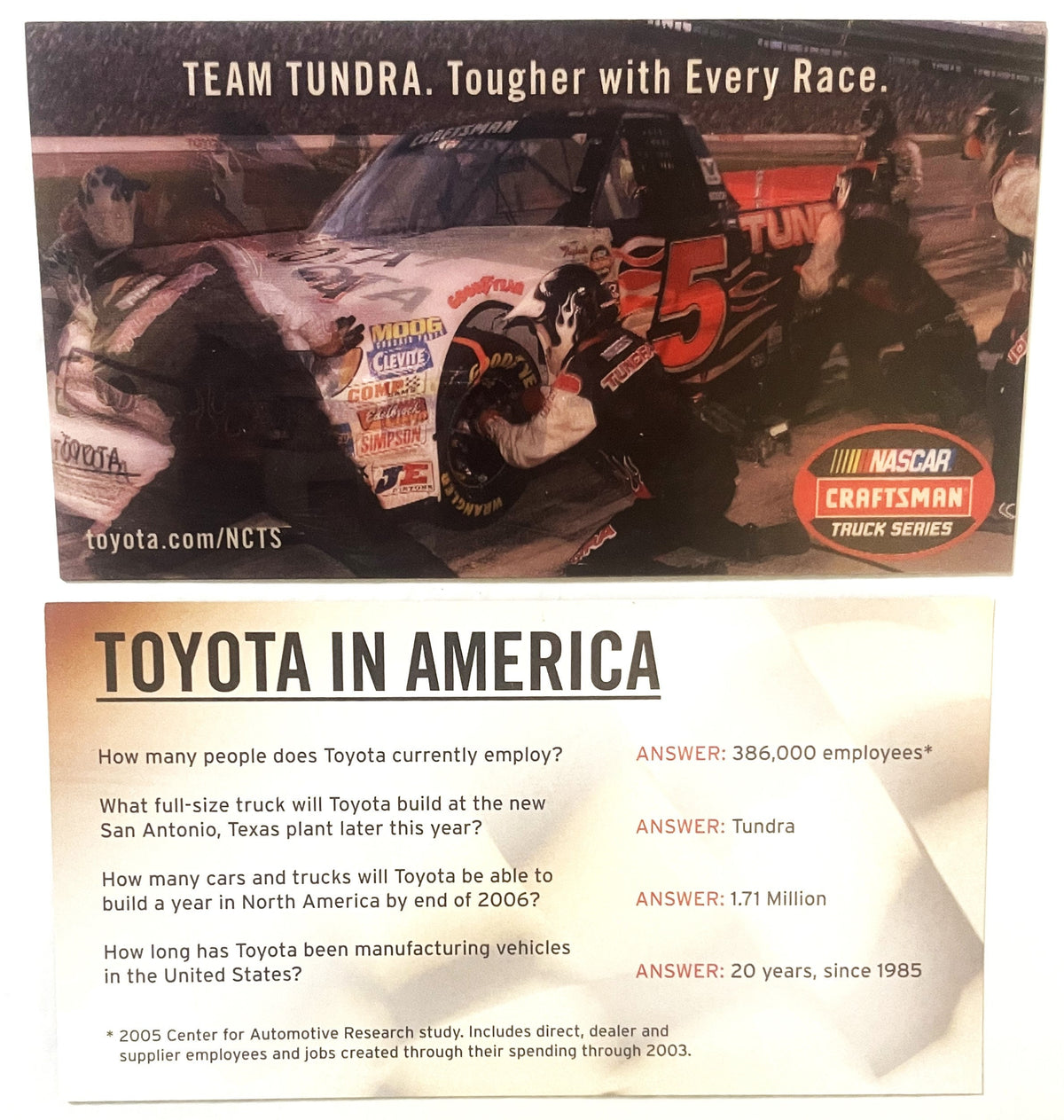 2005 NASCAR Team Tundra card showing red #5 truck with crew, plus Toyota employment facts and specifications text below