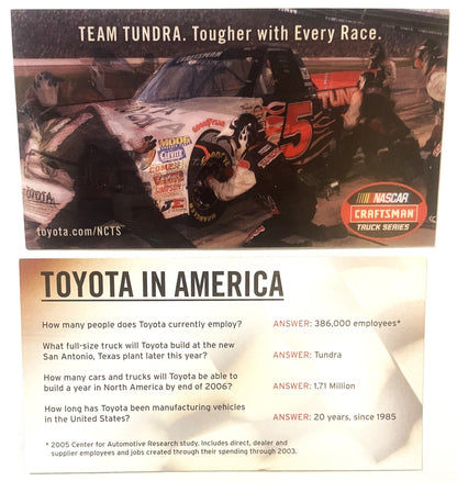2005 NASCAR Team Tundra card showing red #5 truck with crew, plus Toyota employment facts and specifications text below