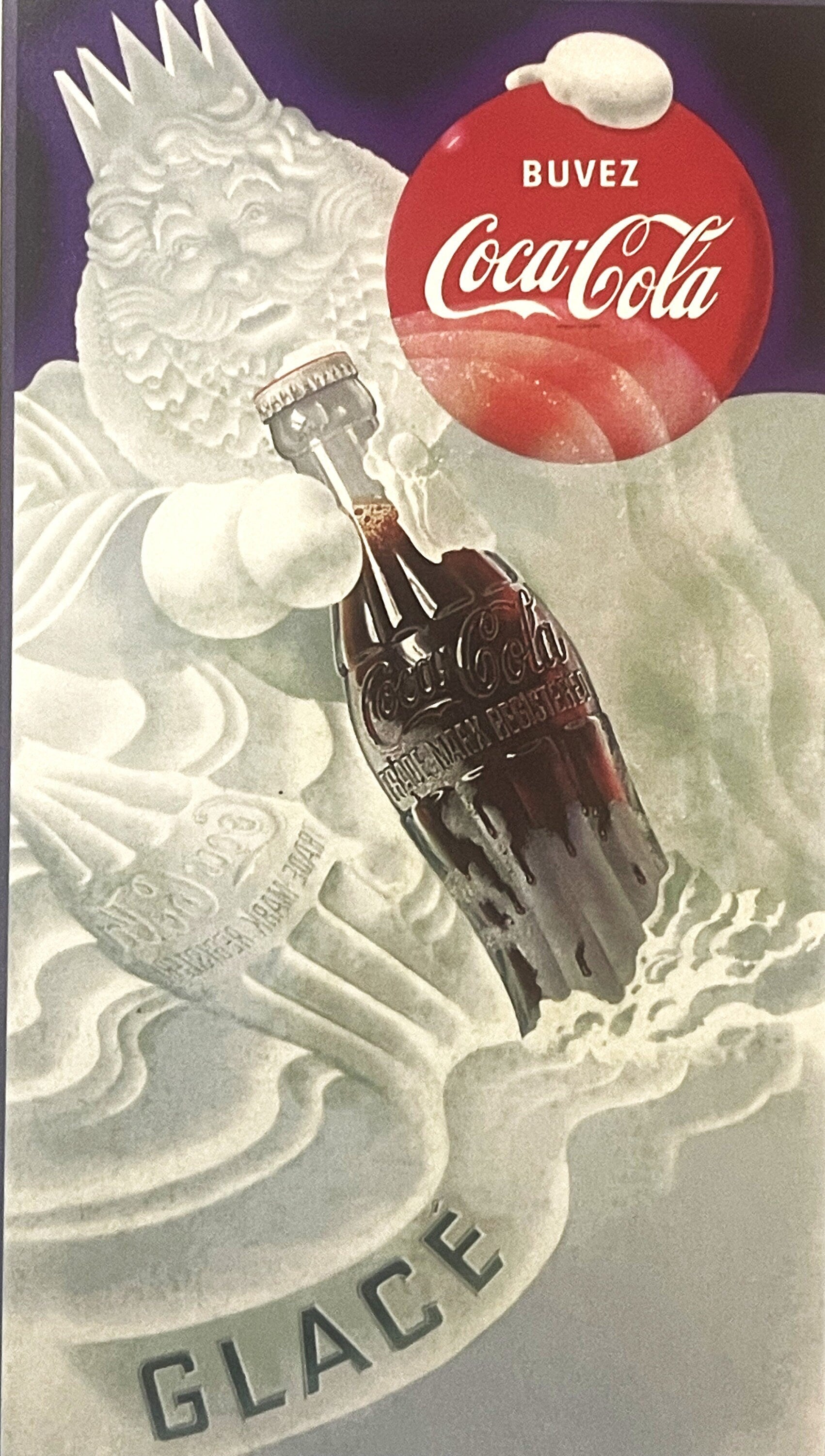 Vintage Coca-Cola postcard featuring an ornate ice king figure holding a bottle against purple background with red circular l