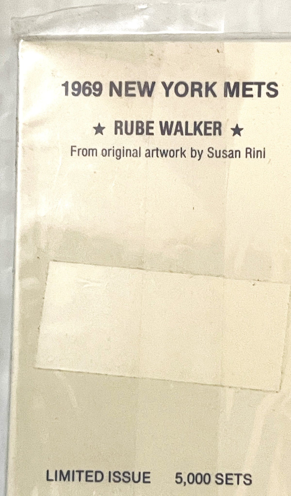 Packaging label for 1969 New York Mets Rube Walker postcard set, limited edition of 5,000, from original artwork by Susan Rin