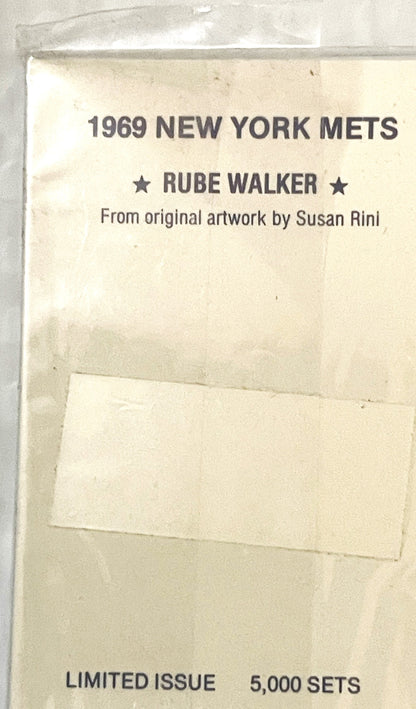 Packaging label for 1969 New York Mets Rube Walker postcard set, limited edition of 5,000, from original artwork by Susan Rin