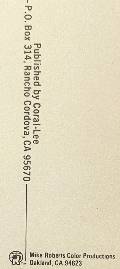 Back of vintage postcard showing P.O. Box address in Rancho Cordova, CA and Mike Roberts Color Productions Oakland, CA 94623 