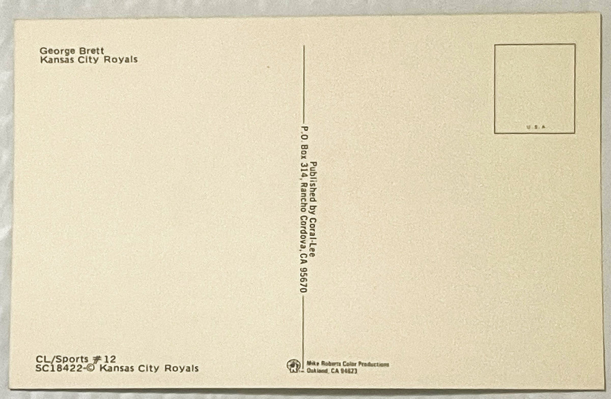 Back of vintage postcard featuring George Brett Kansas City Royals with printed text, PO Box address, and copyright informati