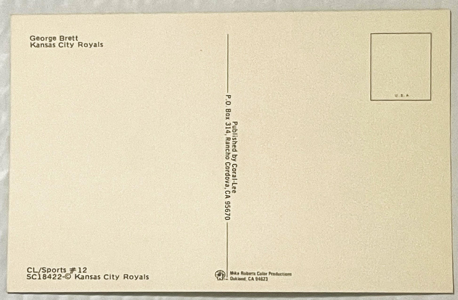 Back of vintage postcard featuring George Brett Kansas City Royals with printed text, PO Box address, and copyright informati