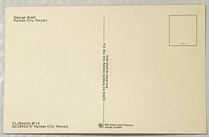 Back of vintage postcard featuring George Brett Kansas City Royals with printed text, PO Box address, and copyright informati