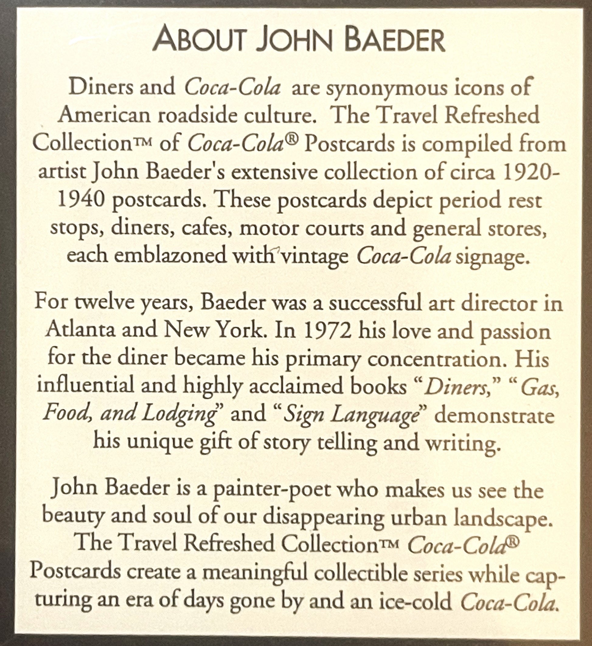Cream-colored text page titled "About John Baeder" describing the artist and Coca-Cola postcard collection, printed on beige 