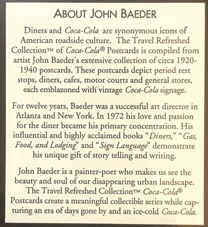 Cream-colored text page titled "About John Baeder" describing the artist and Coca-Cola postcard collection, printed on beige 
