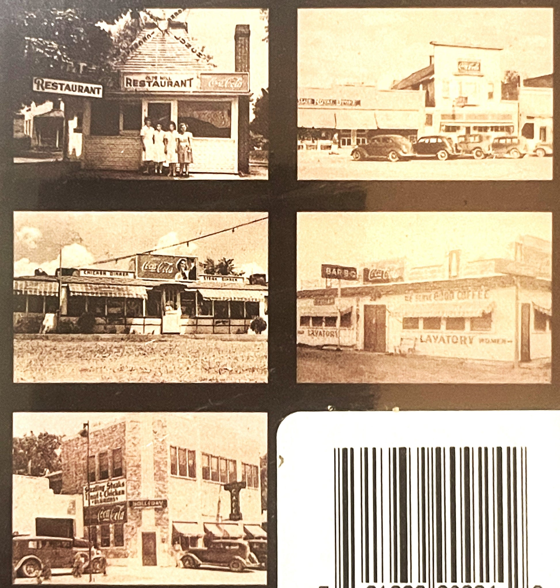 Sepia-toned vintage postcard collection showing five roadside diners and restaurants with Coca-Cola signage, vintage automobi