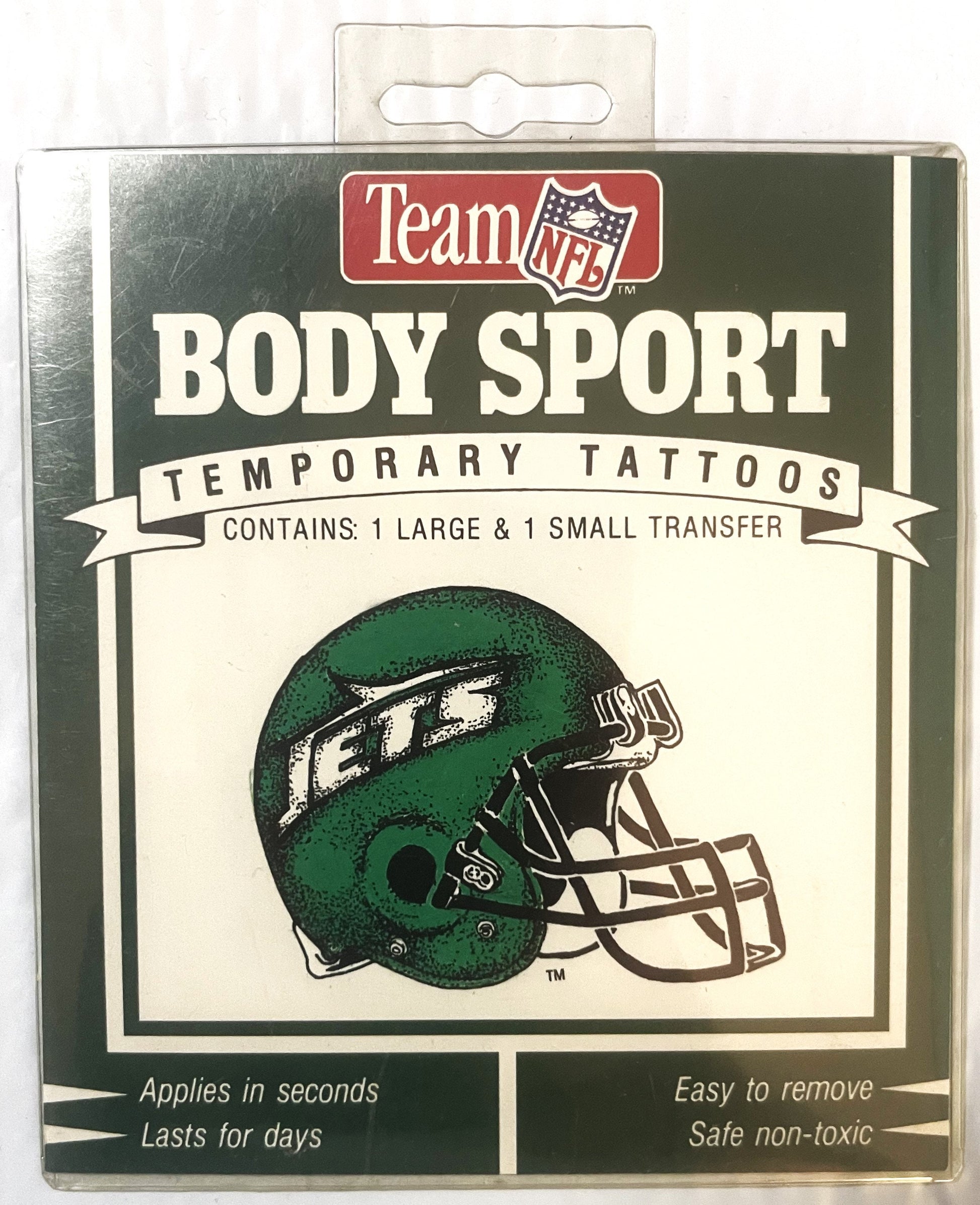 Sealed package of Team NFL Body Sport temporary tattoos featuring a green New York Jets helmet logo with white "JETS" letteri