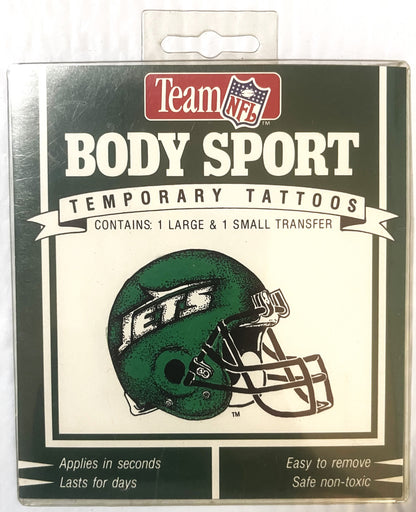 Sealed package of Team NFL Body Sport temporary tattoos featuring a green New York Jets helmet logo with white "JETS" letteri