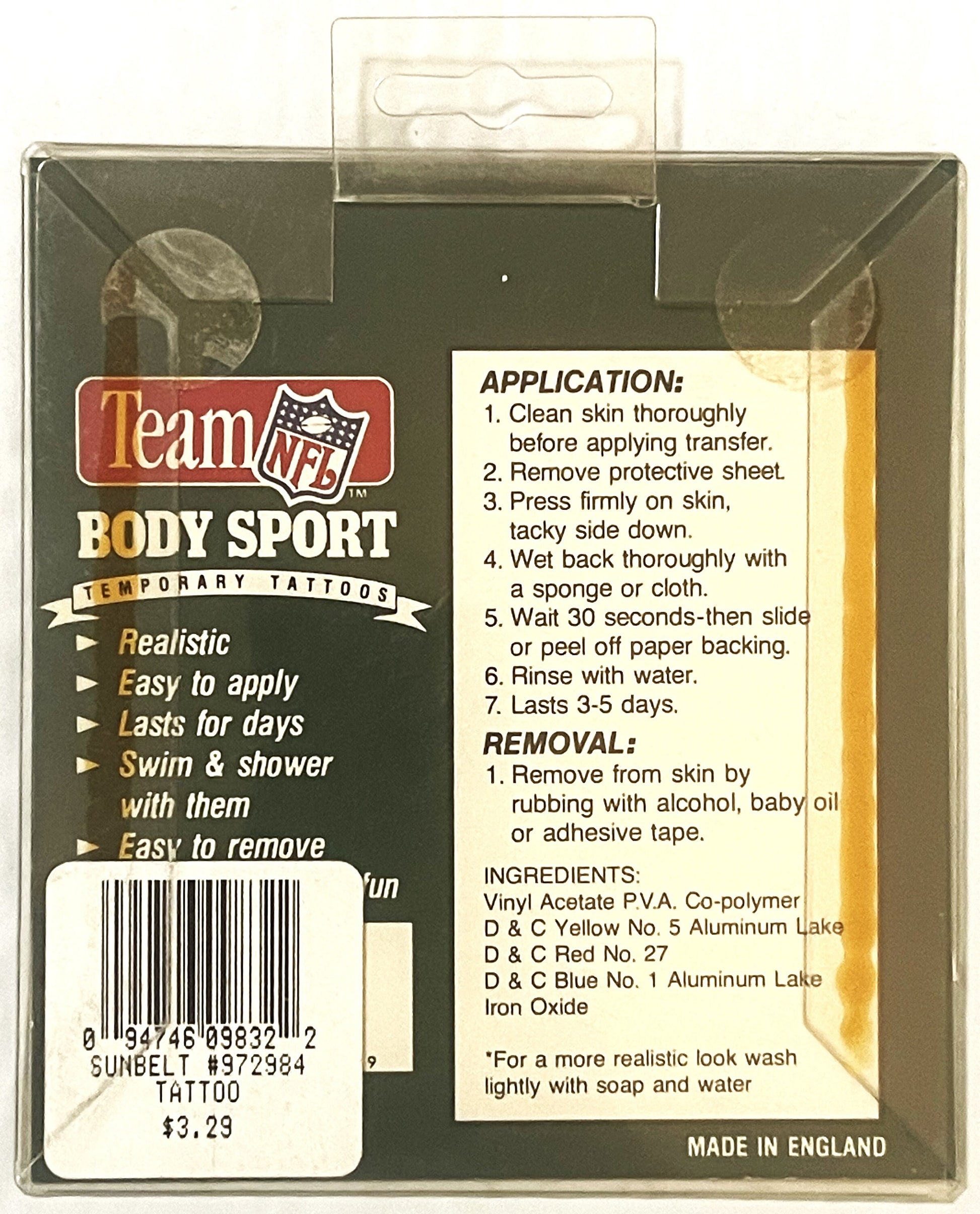 Vintage Team NFL Body Sport temporary tattoos package in clear plastic clamshell with dark green and red label, barcode, and 