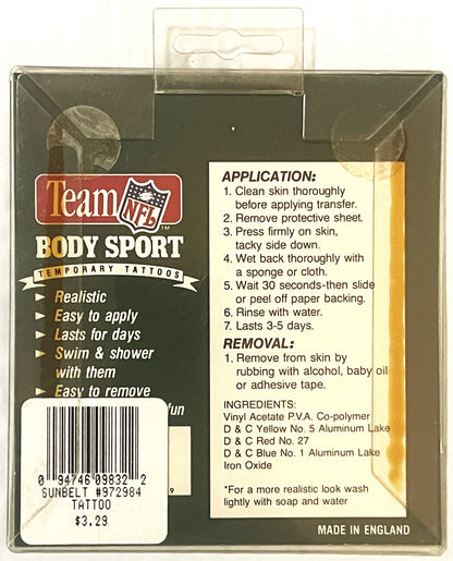 Vintage Team NFL Body Sport temporary tattoos package in clear plastic clamshell with dark green and red label, barcode, and 