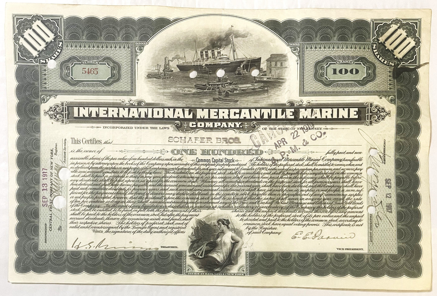 Ornate stock certificate for International Mercantile Marine Company featuring steamship illustration, with green
