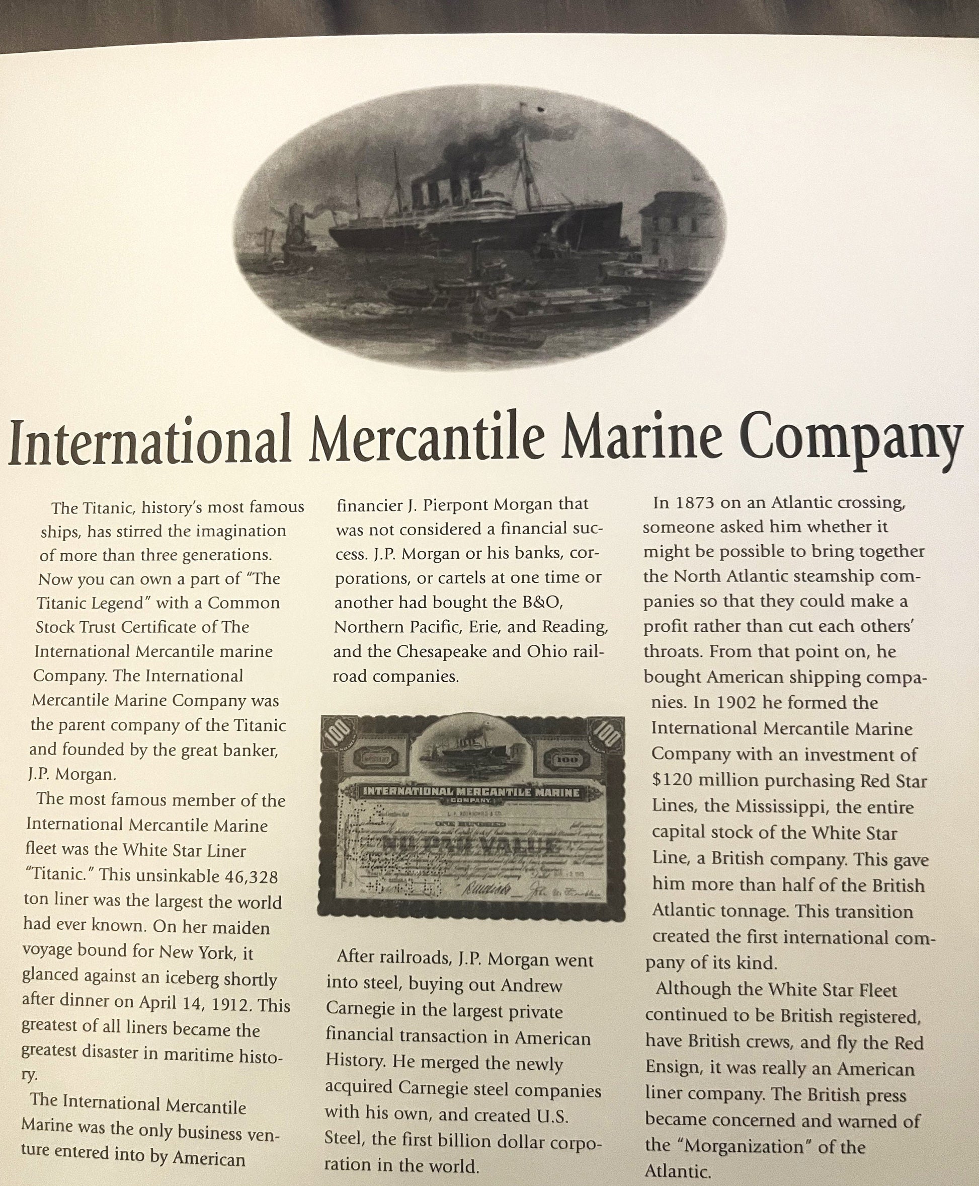 Antique stock certificate for International Mercantile Marine Company with ship vignette, decorative border, and ornamental p