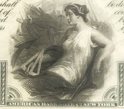 Engraved stock certificate vignette featuring a classical woman with pearl headdress beside an eagle, ornate border details v