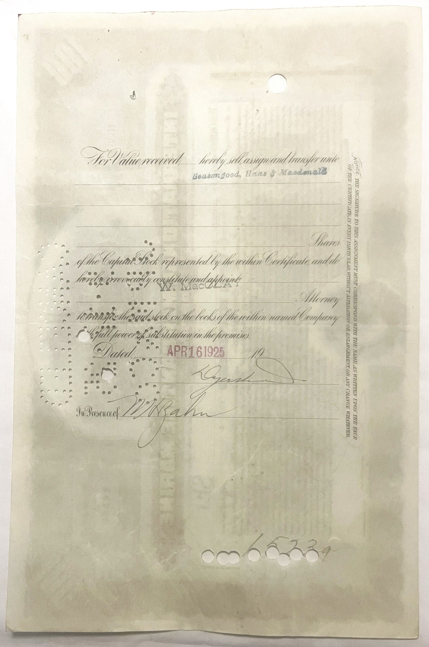 Aged stock certificate with handwritten signatures, red APR 16 stamp, and perforated holes on cream-colored paper, full