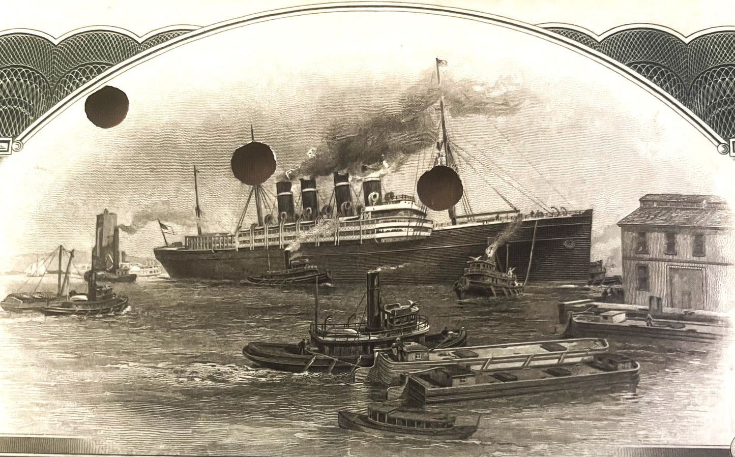 Engraved vignette showing a large steamship with multiple smokestacks docked alongside smaller tugboats and harbor buildings,