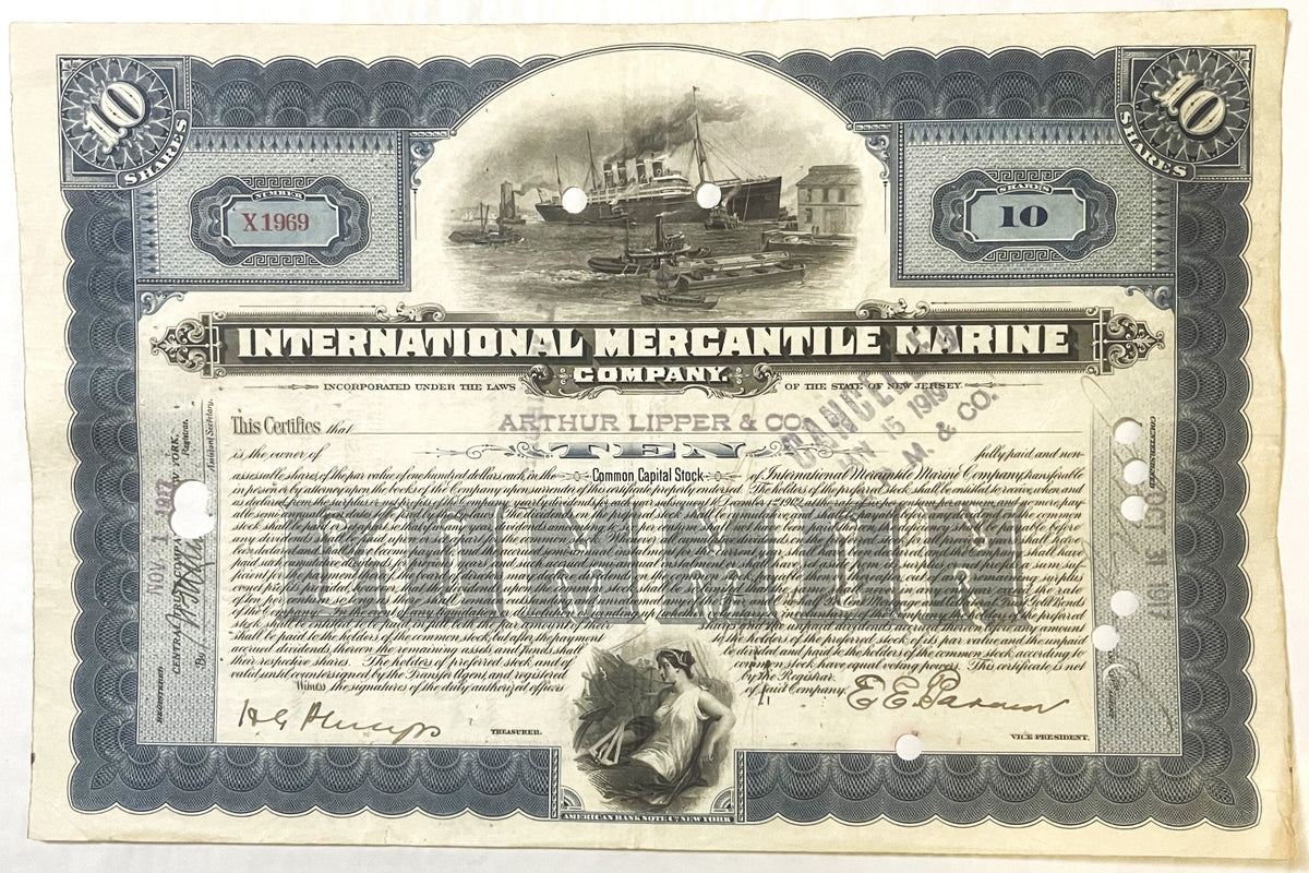 Antique stock certificate for International Mercantile Marine Company, blue and white, featuring steamship imagery