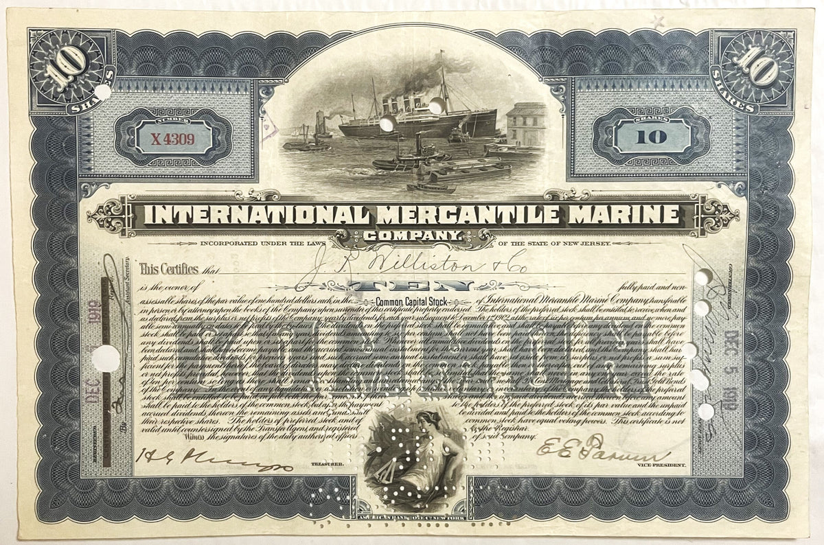 Vintage stock certificate for International Mercantile Marine Company featuring steamship illustration