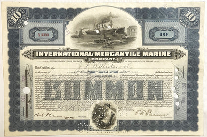 Vintage stock certificate for International Mercantile Marine Company featuring steamship illustration