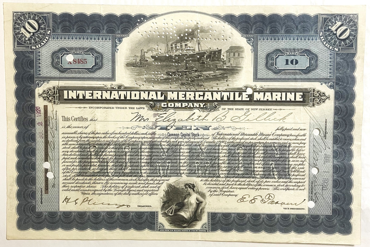 Antique stock certificate with blue and white ornamental border, steamship engraving, and handwritten signatures dated from e