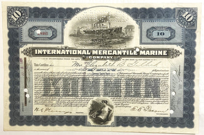 Antique stock certificate with blue and white ornamental border, steamship engraving, and handwritten signatures dated from e