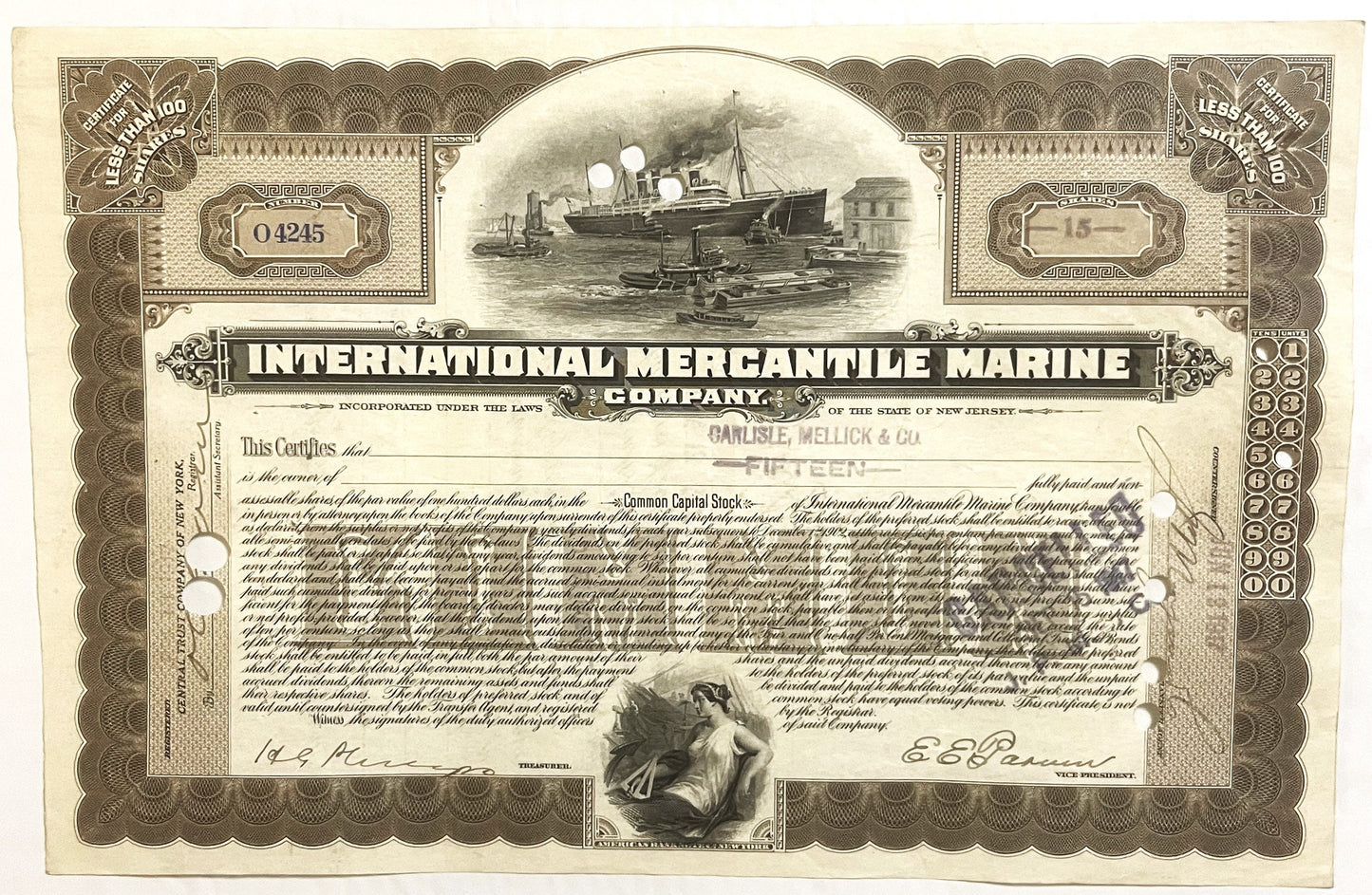 Brown and cream stock certificate for International Mercantile Marine Company featuring an engraved steamship, ornate borders