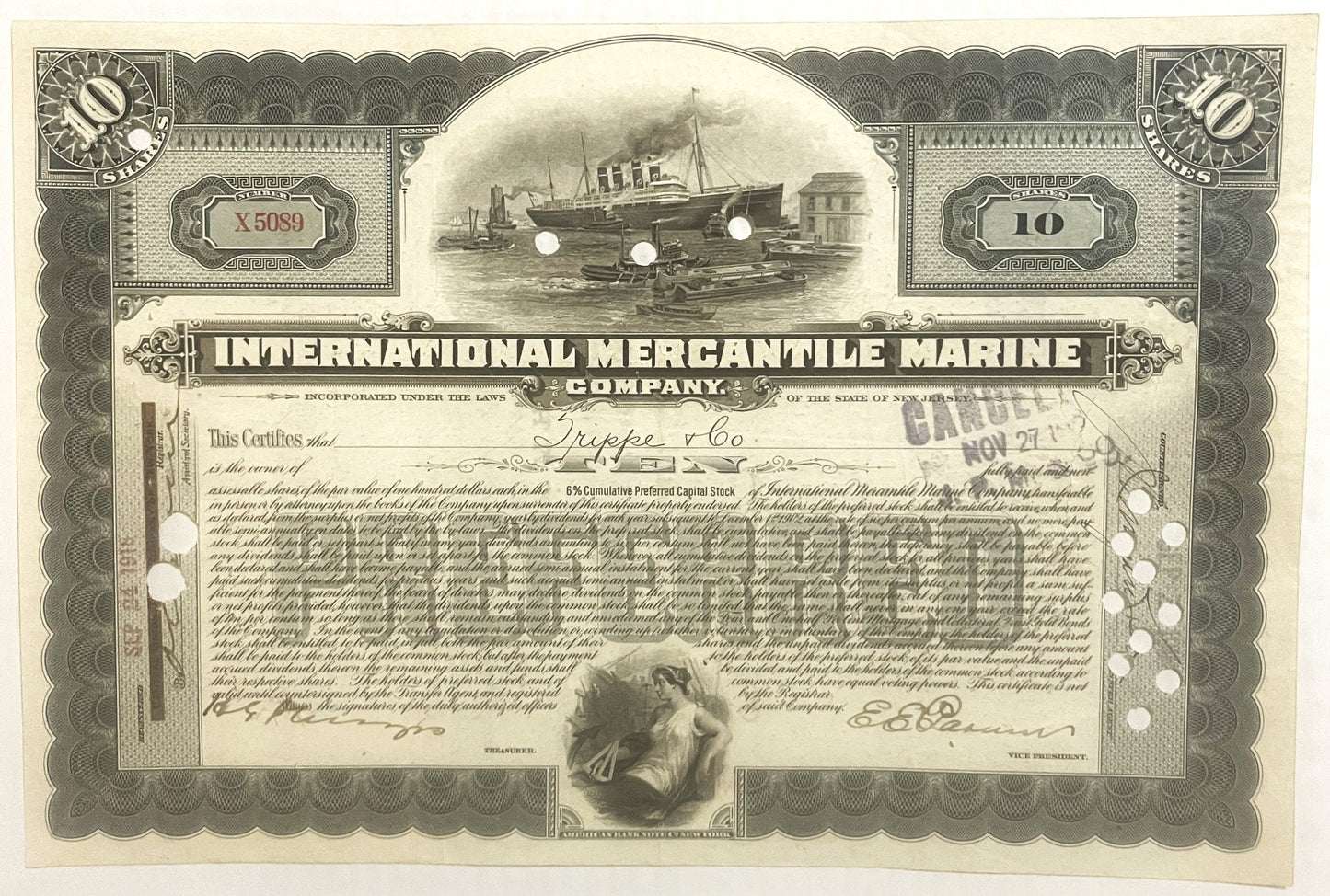 Antique stock certificate for International Mercantile Marine Company, 10 shares, featuring steamship engraving and ornate bo