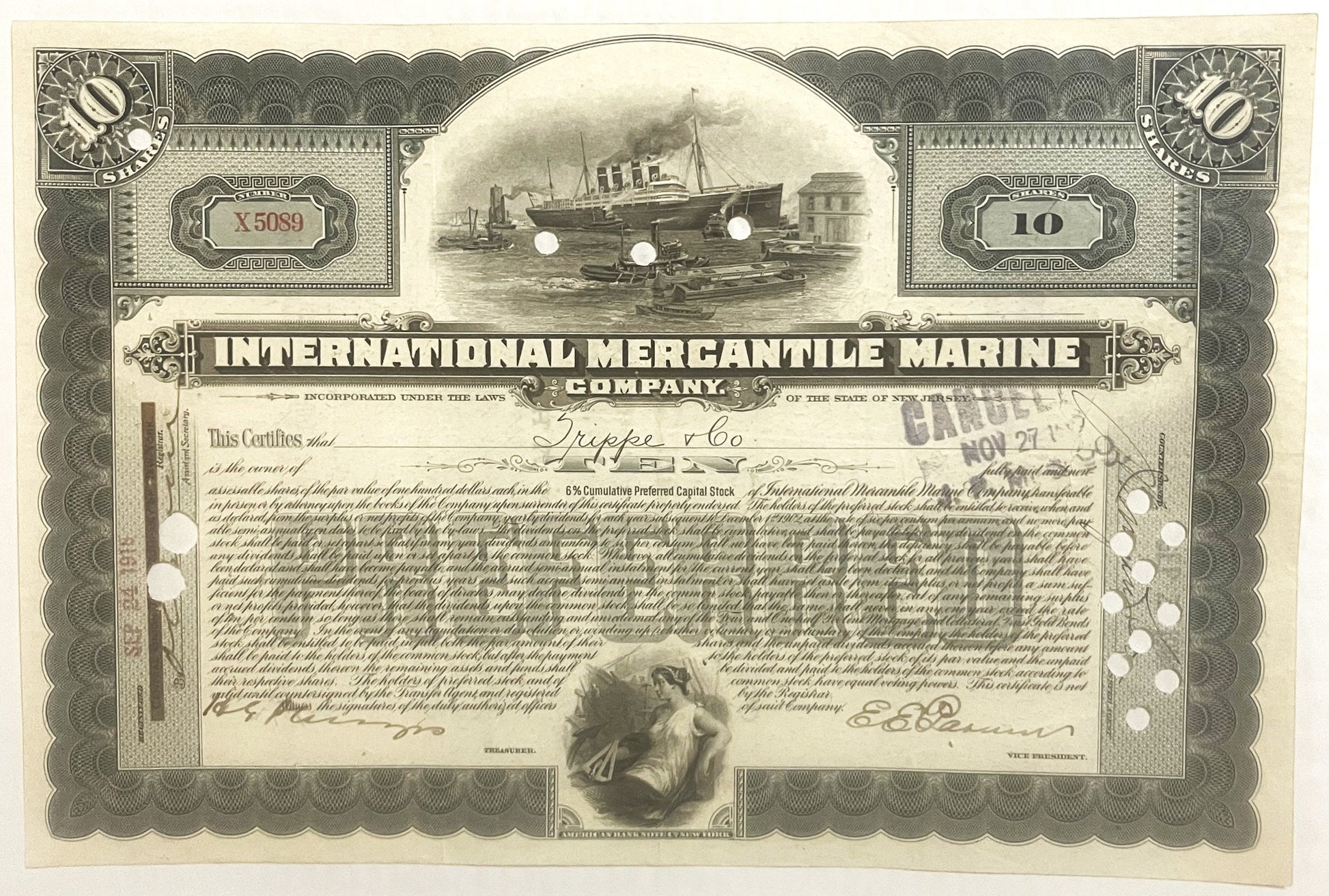 Antique stock certificate for International Mercantile Marine Company, 10 shares, featuring steamship engraving and ornate bo