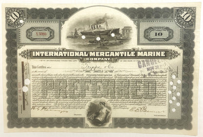 Antique stock certificate for International Mercantile Marine Company, 10 shares, featuring steamship engraving and ornate bo