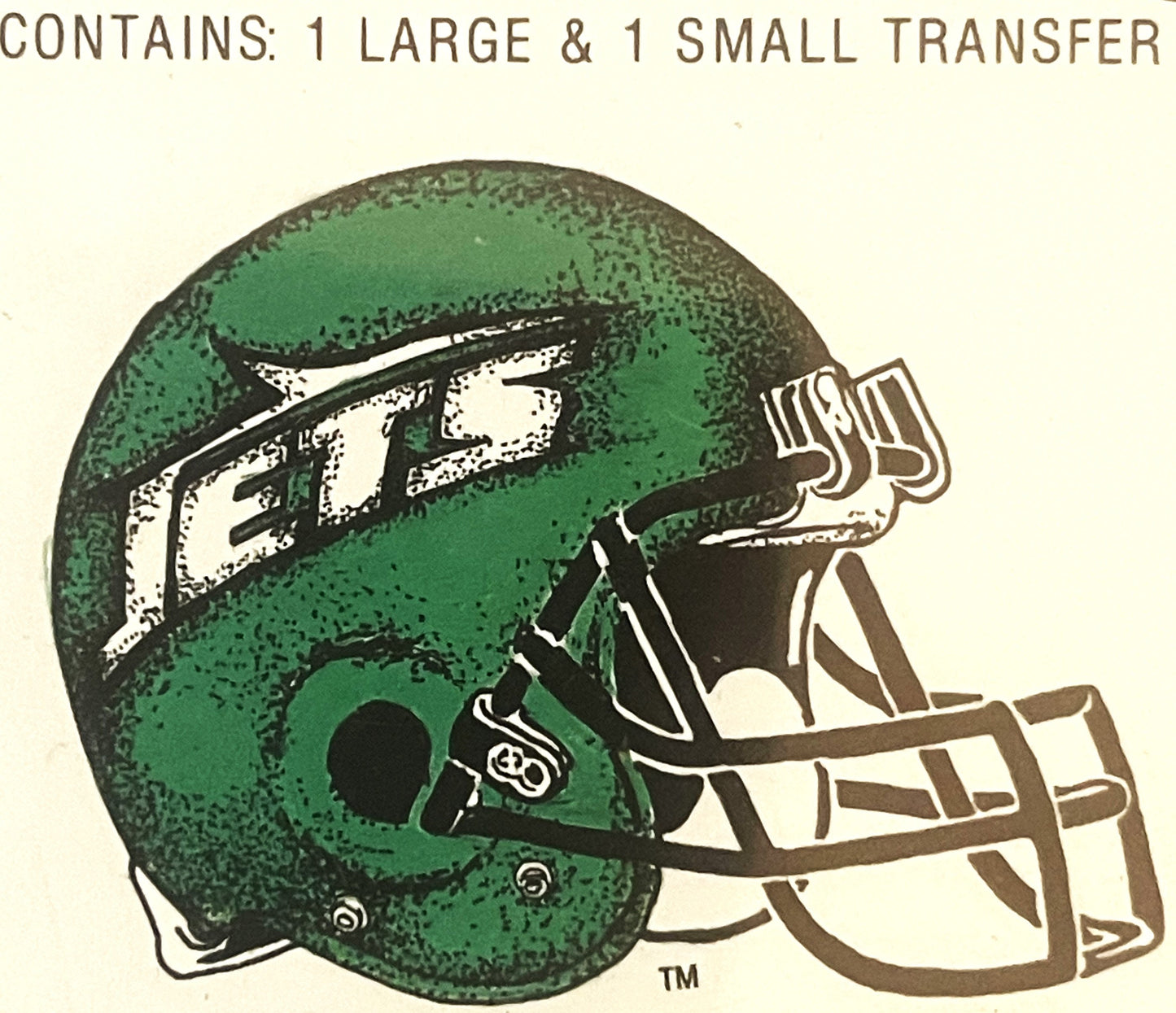 Vintage New York Jets green football helmet with white logo and facemask on cream background, text reads "Contains: 1 Large &
