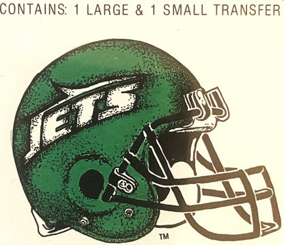 Vintage New York Jets green football helmet with white logo and facemask on cream background, text reads "Contains: 1 Large &