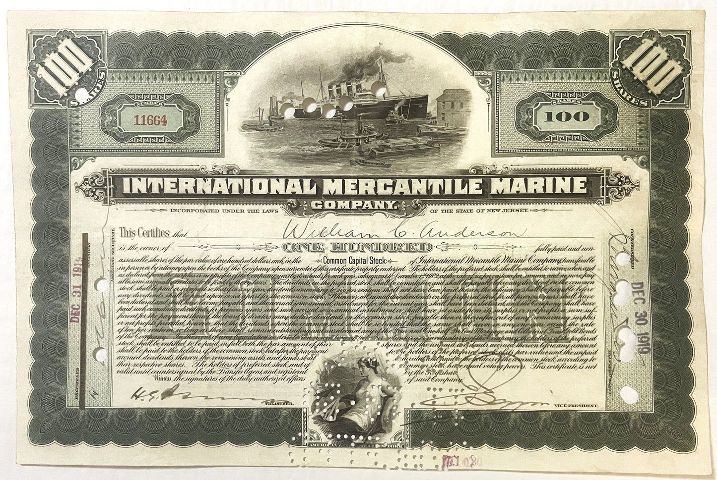 Antique stock certificate for International Mercantile Marine Company with steamship engraving