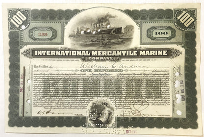 Antique stock certificate for International Mercantile Marine Company with steamship engraving