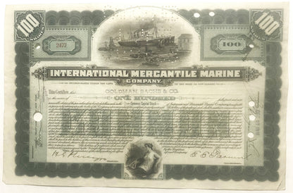 Antique stock certificate for International Mercantile Marine Company, featuring steamship vignette, green and cream colors, 