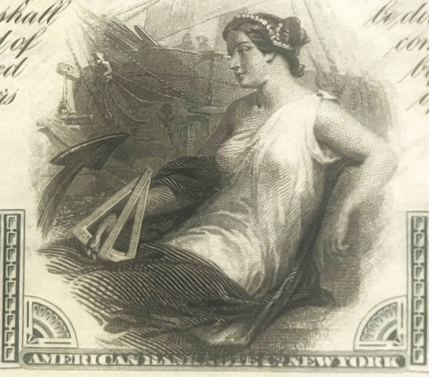Engraved stock certificate detail showing a classical woman in profile wearing a pearl tiara, holding an eagle, with decorati