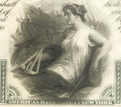 Engraved stock certificate detail showing a classical woman in profile wearing a pearl tiara, holding an eagle, with decorati