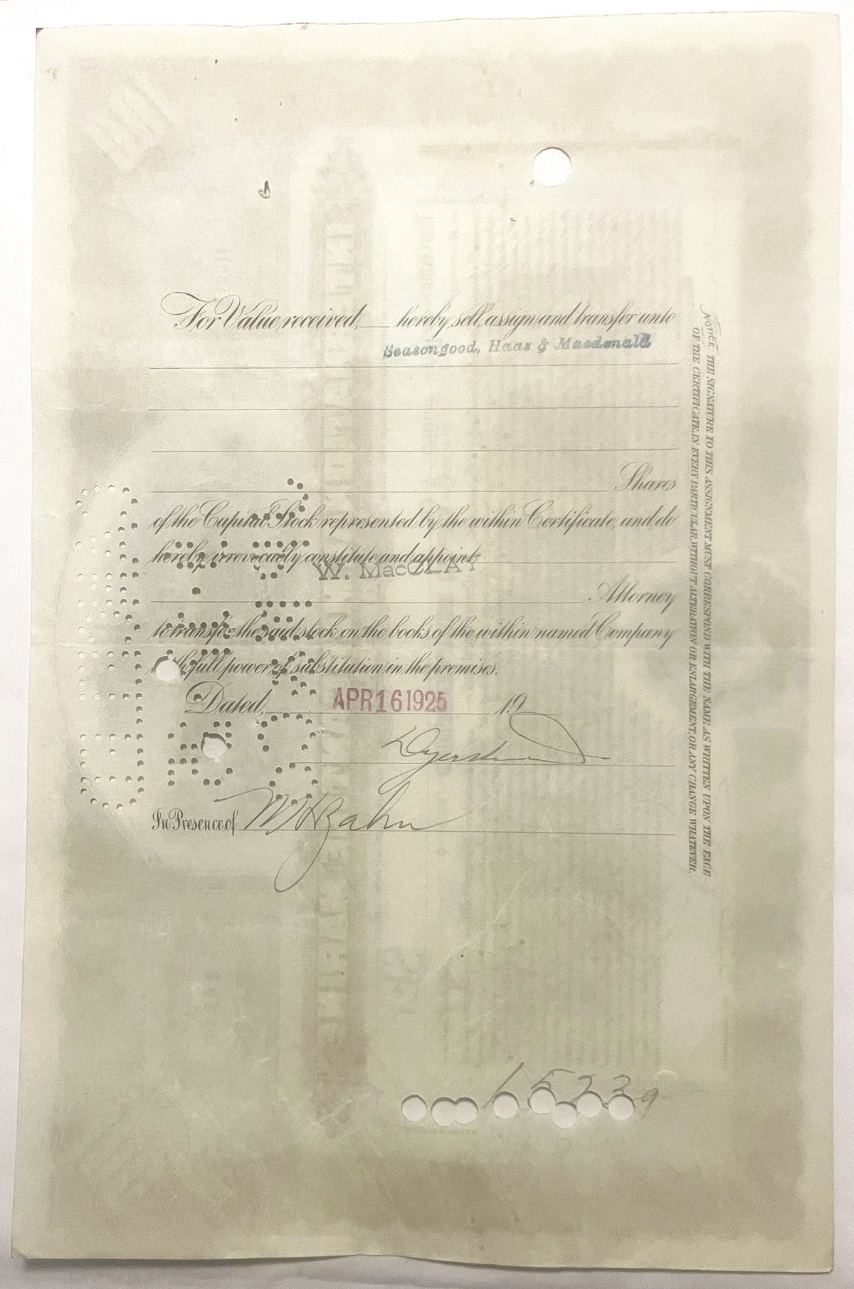 Aged stock certificate with ornate script header "For Value Received," dated APR 16, featuring stamped circular seal