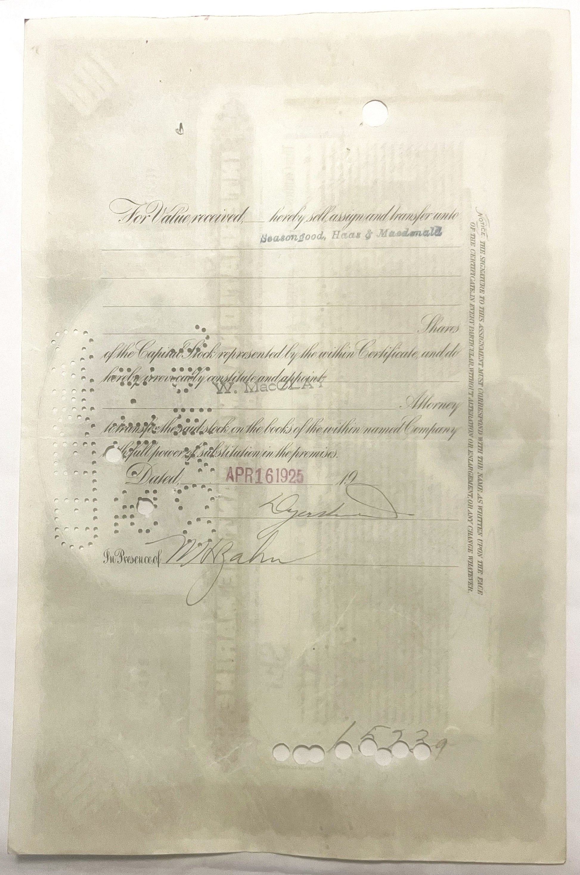 Aged parchment stock certificate with handwritten signatures, printed header text, and "APR 16 1925" stamp, showing wear and 