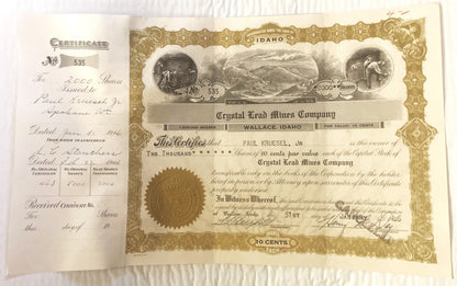 Crystal Lead Mines Company stock certificate for 2,000 shares, Idaho, with gold orn