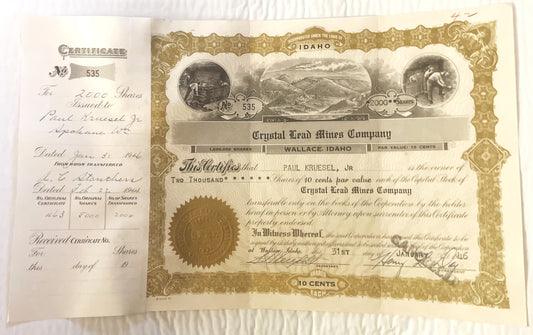 Antique 1946 Crystal Lead Mines Stock Certificate ⛏️ Idaho WWII Mining History, Wallace Coeur d'Alene