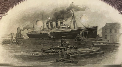 Sepia-toned engraving of a steamship with smoke billowing from its stacks, surrounded by smaller boats in harbor