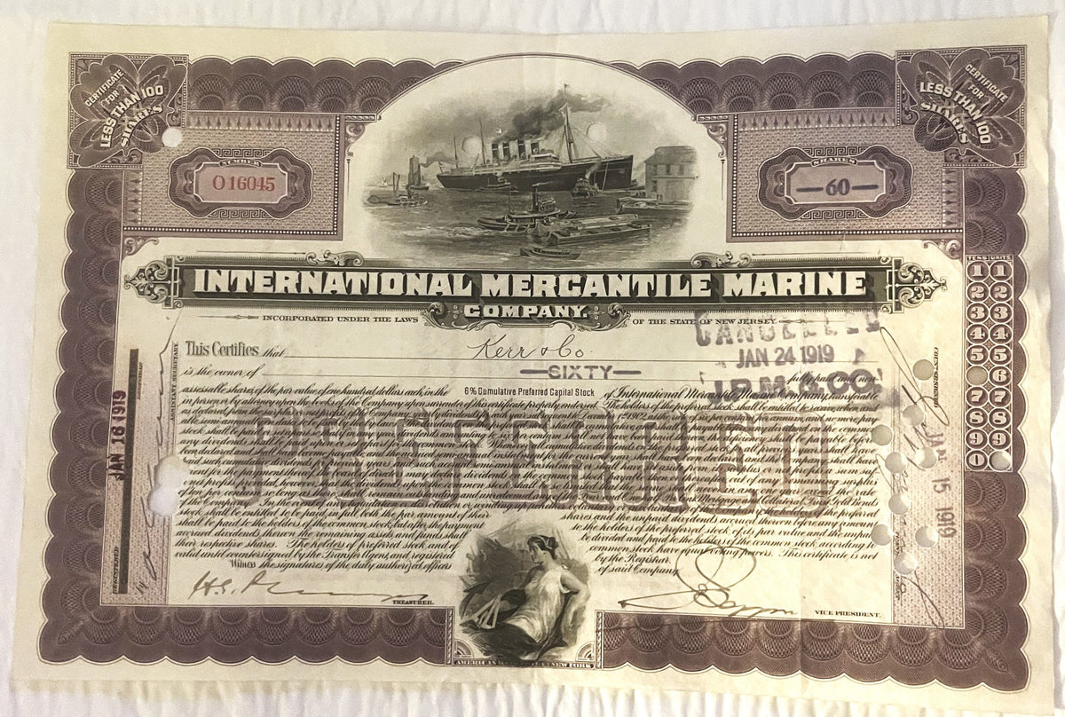 International Mercantile Marine Company stock certificate with ship engraving, ornate brown border, and handwritten sign